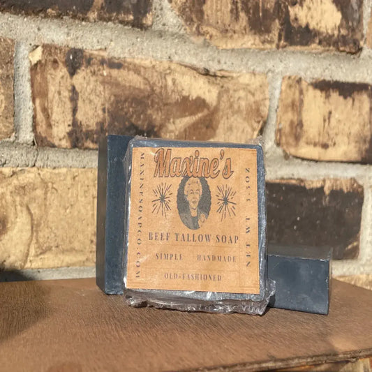 Front of wrapped Beef Tallow Charcoal Bar Soap by Maxine’s, 3.5 oz (99 g), label shows clear ingredient list and net weight.