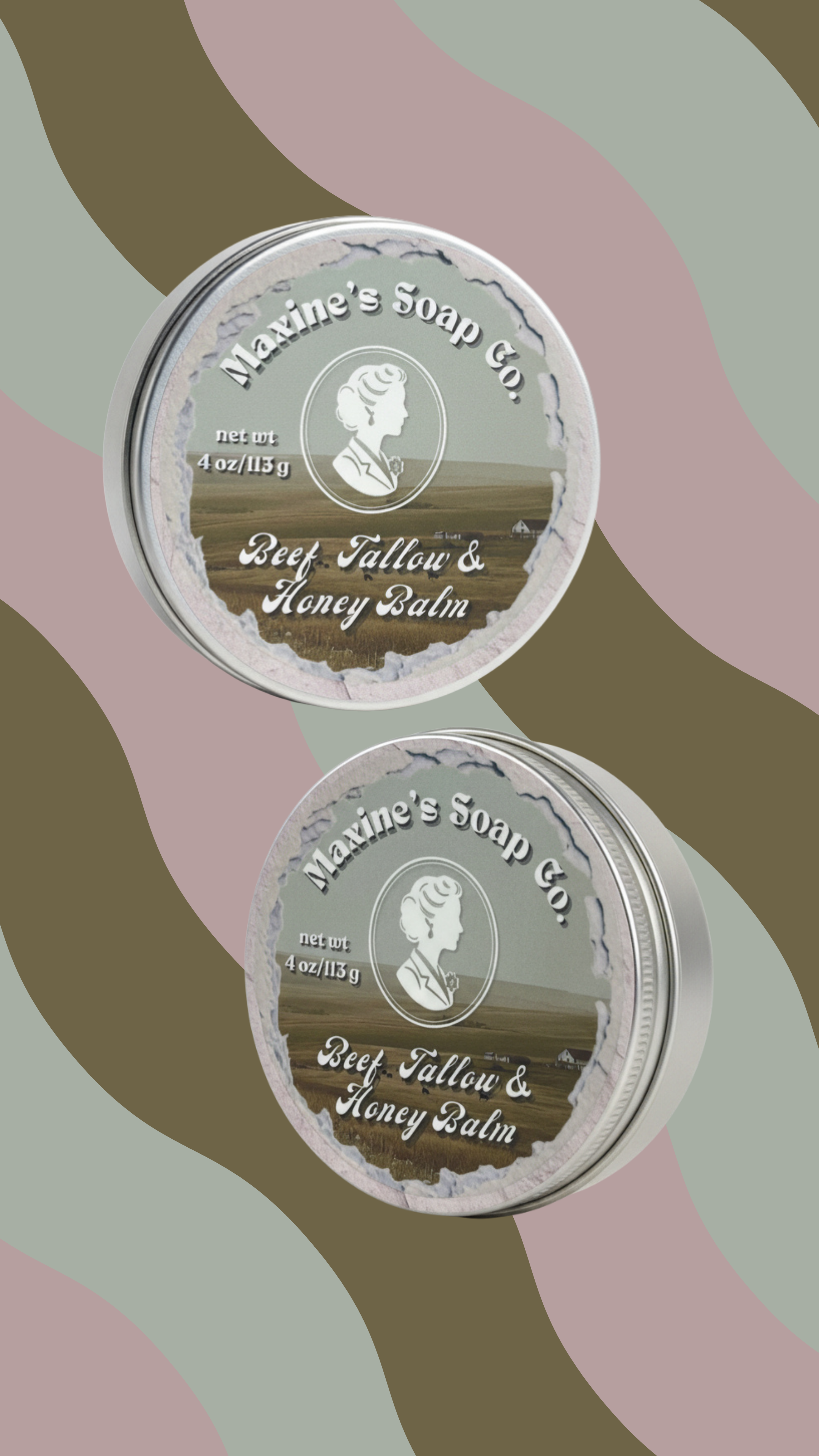 Beef tallow and honey balm 4oz silver tins with front labels. Handmade in Iowa. Maxine's Soap Co.