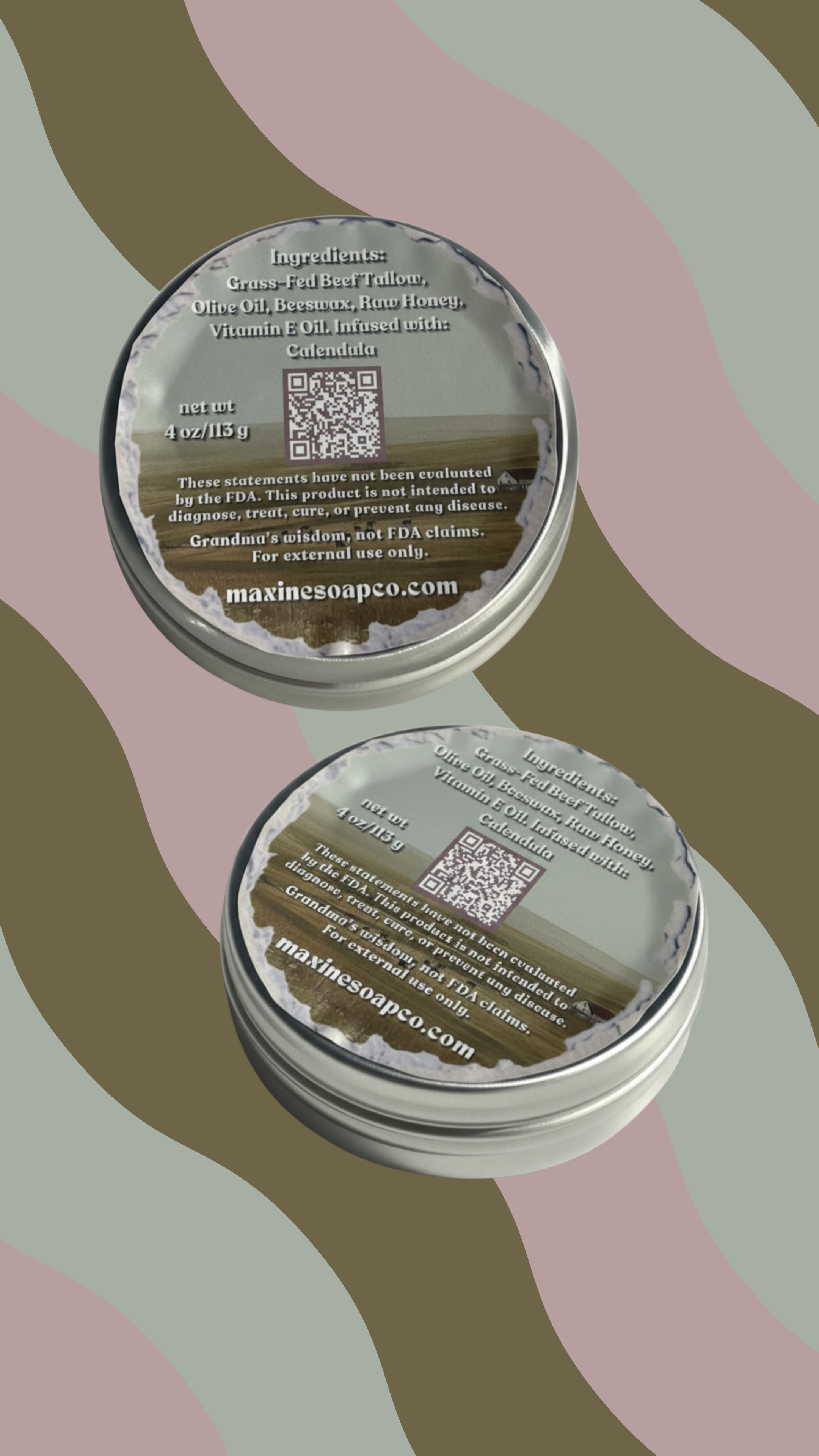 Beef tallow and honey balm back ingredient labels showing grass-fed tallow olive oil beeswax raw honey calendula. Maxine's Soap Co.