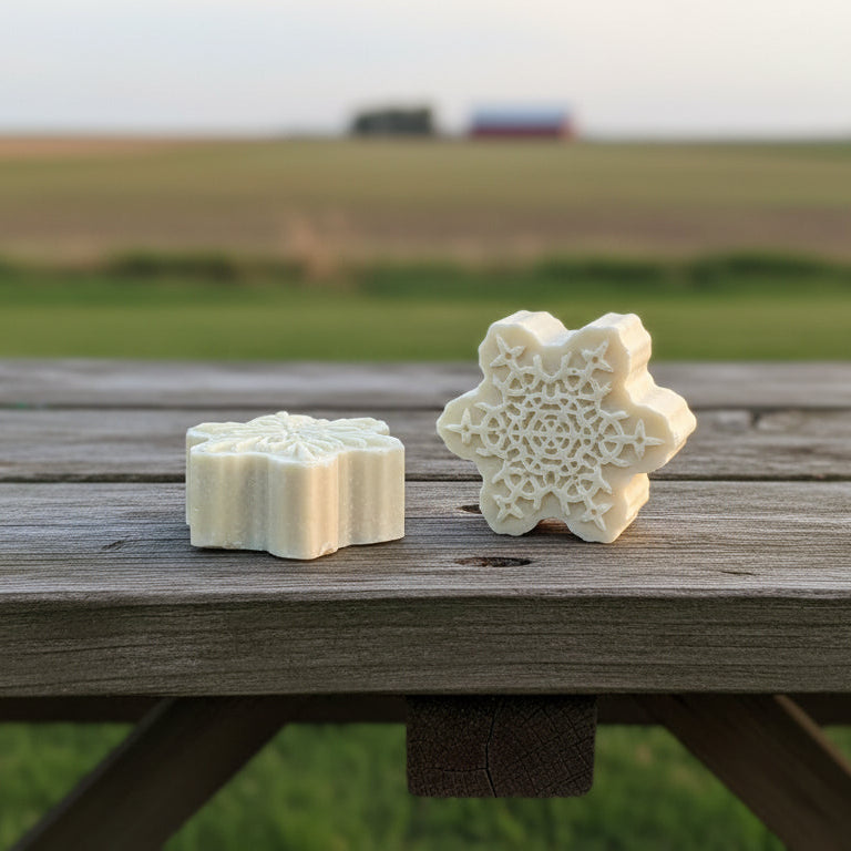 Maxine's Soap Co Christmas beef tallow soap snowflake shaped with peppermint and moringa handmade in Iowa