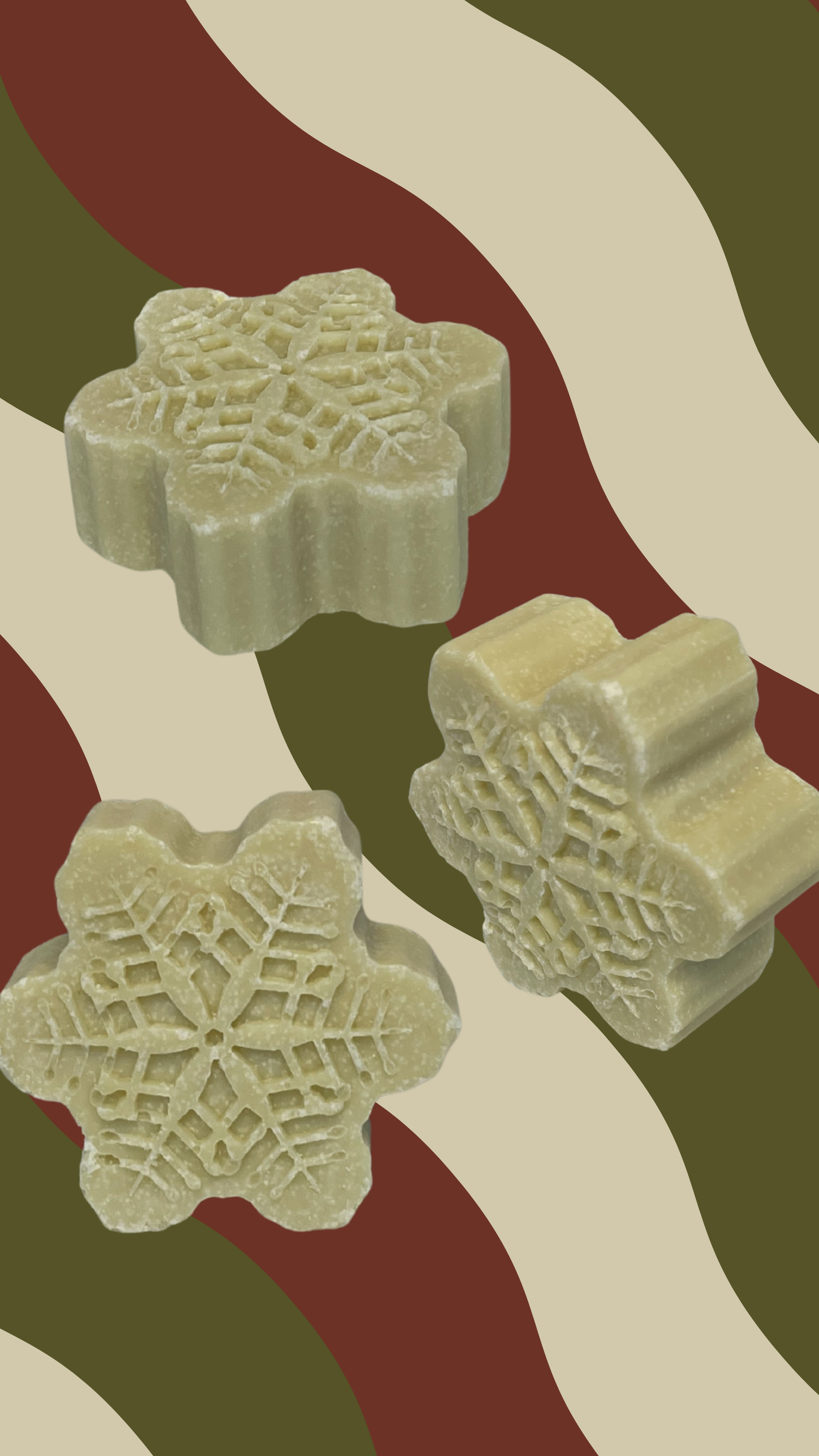 Maxine's Christmas and Winter beef tallow peppermint snowflake soaps displayed at different angles limited edition