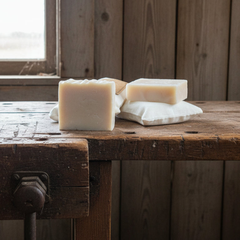 Maxine's Soap Co coconut oil and honey bar soap in muslin drawstring pouch with kraft label handmade in Iowa