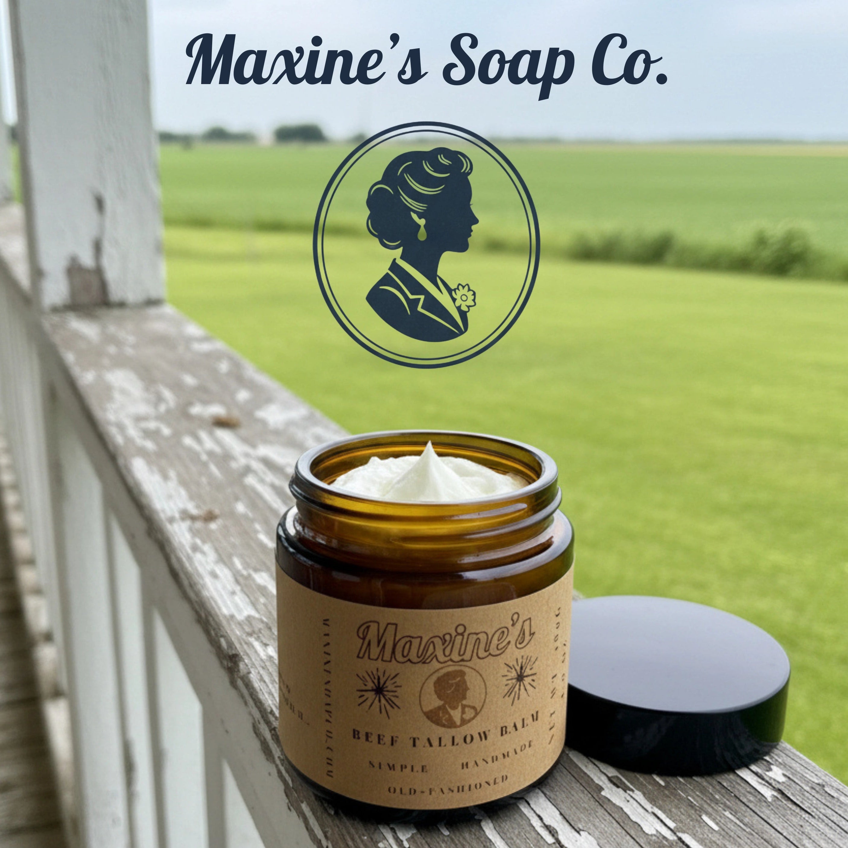 Jar of Maxine's Soap Co. balm on a wooden ledge with a scenic background