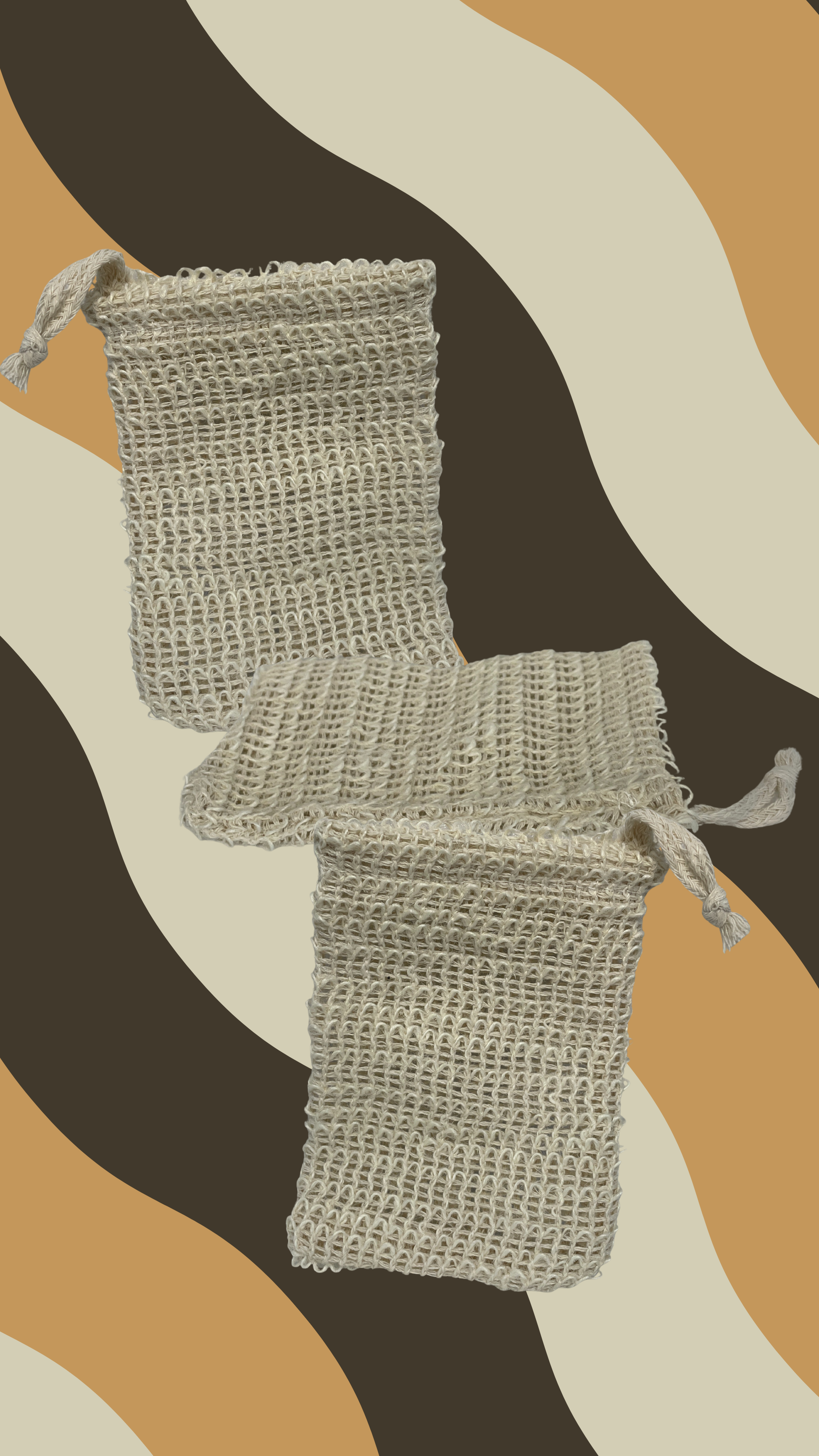 Three Maxine's sisal soap saver pouches stacked showing natural exfoliating texture eco-friendly