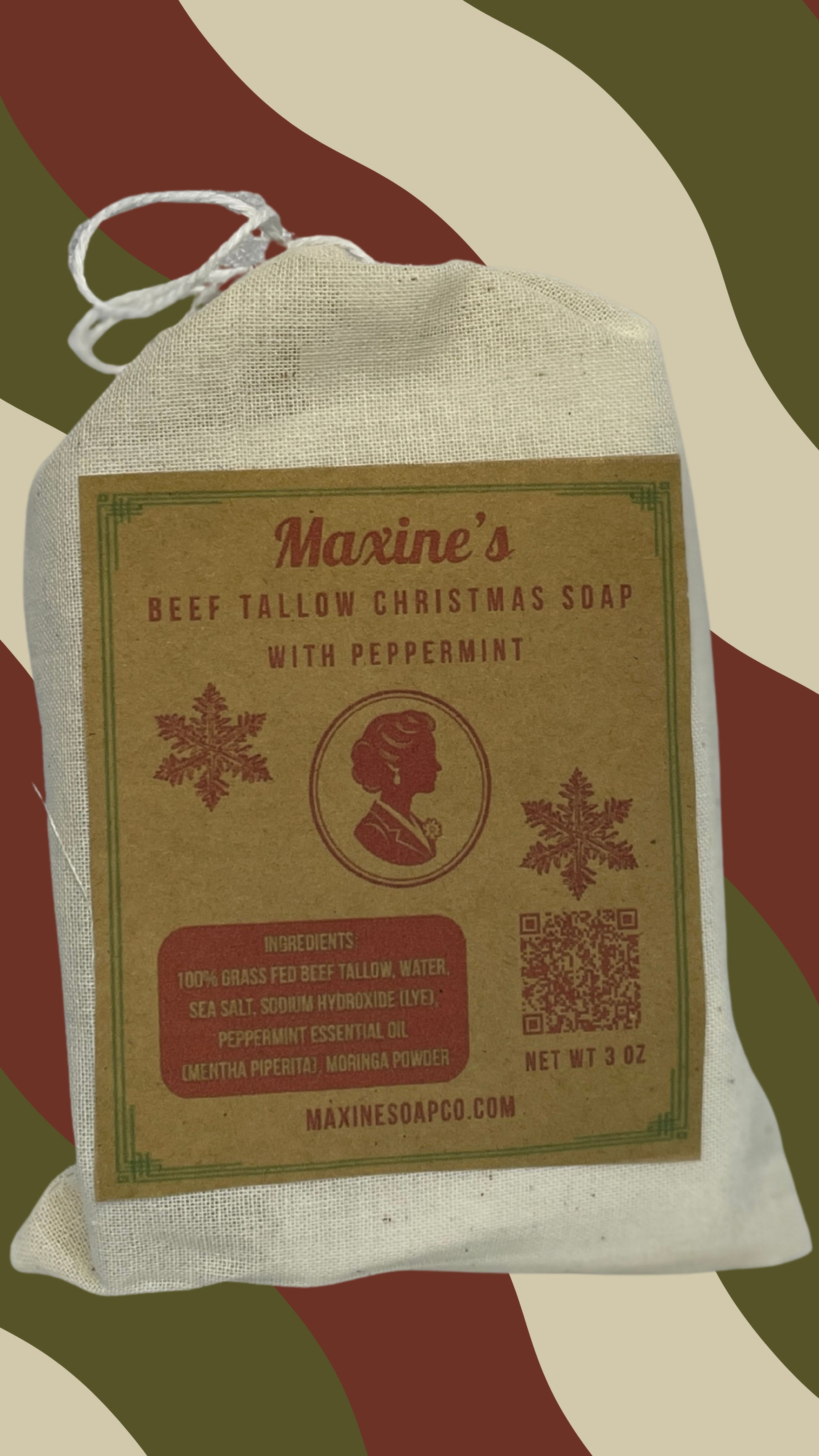 Maxine's Soap Co Christmas and Winter beef tallow soap snowflake shaped with peppermint and moringa handmade in Iowa