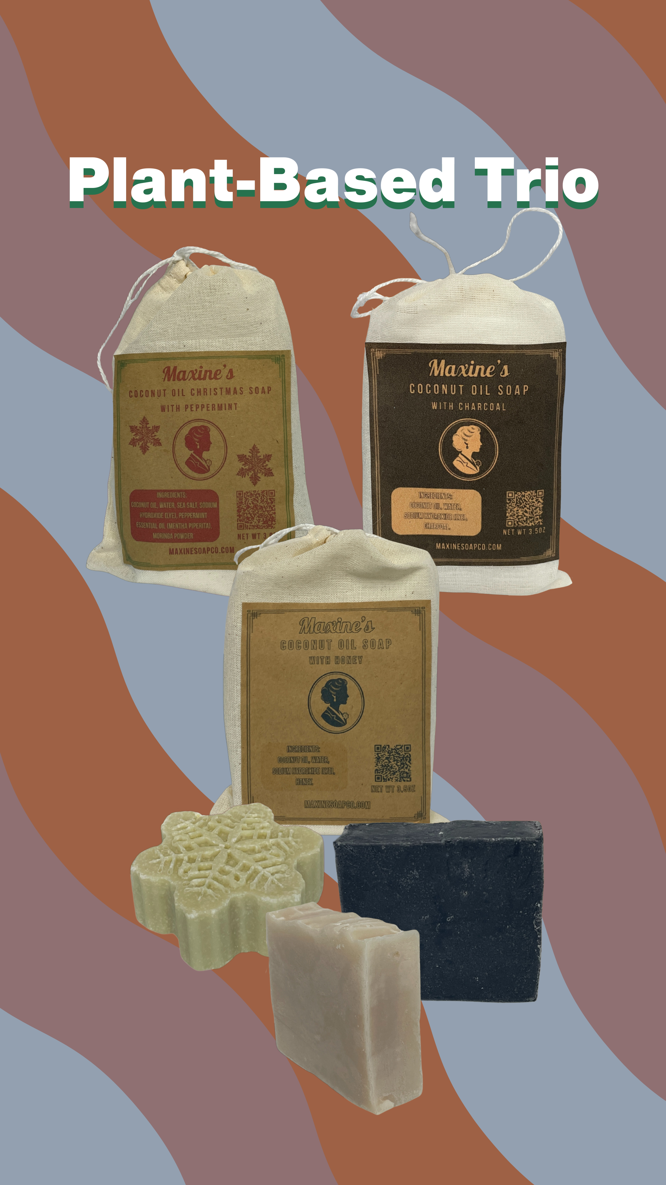 Plant-based trio sampler bundle with coconut oil peppermint Christmas soap coconut oil charcoal soap and coconut oil honey soap bars in muslin bags. Maxine's Soap Co.
