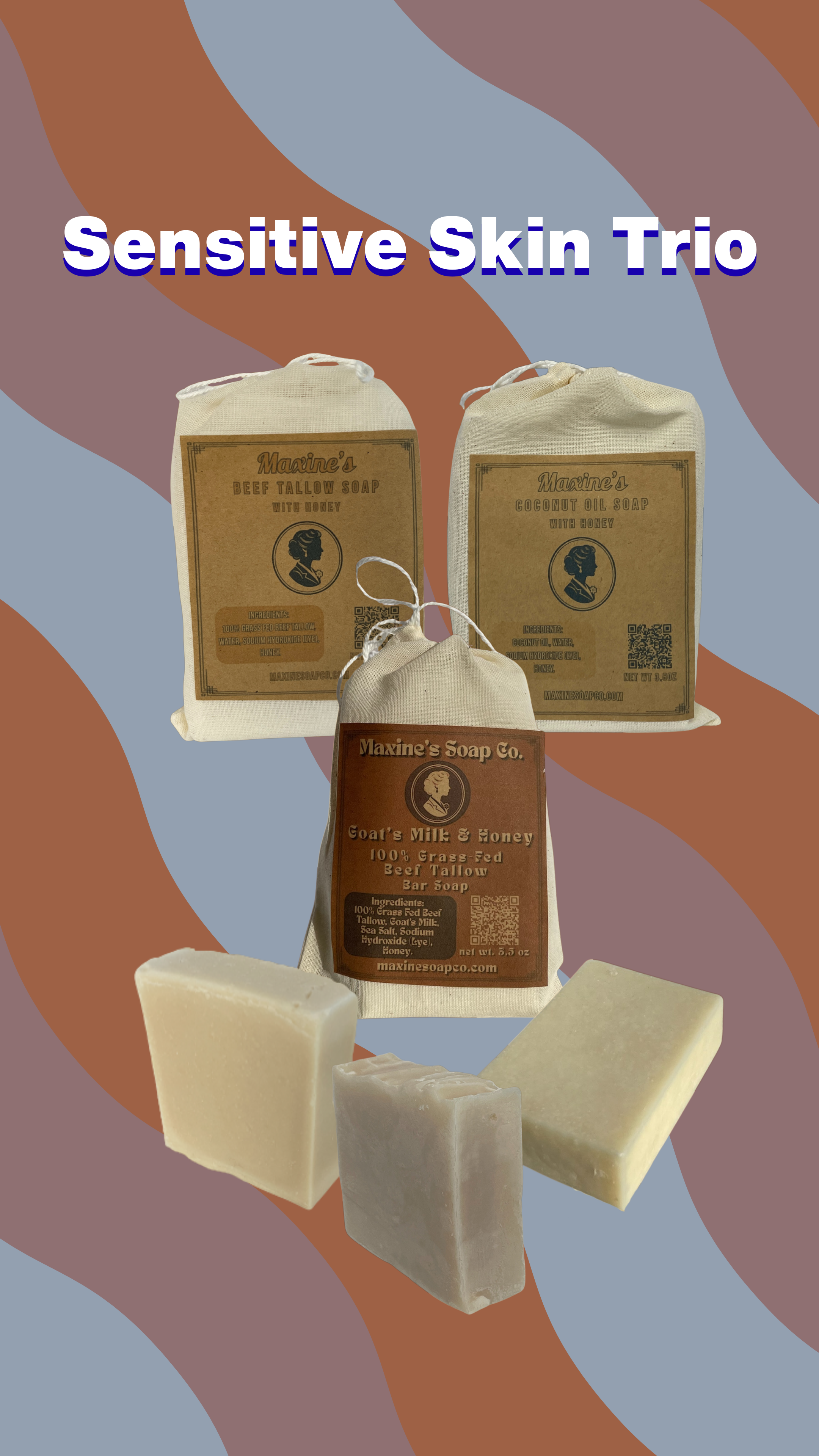 Sensitive skin trio sampler bundle with beef tallow honey soap coconut oil honey soap and goats milk honey soap bars in muslin bags. Maxine's Soap Co.