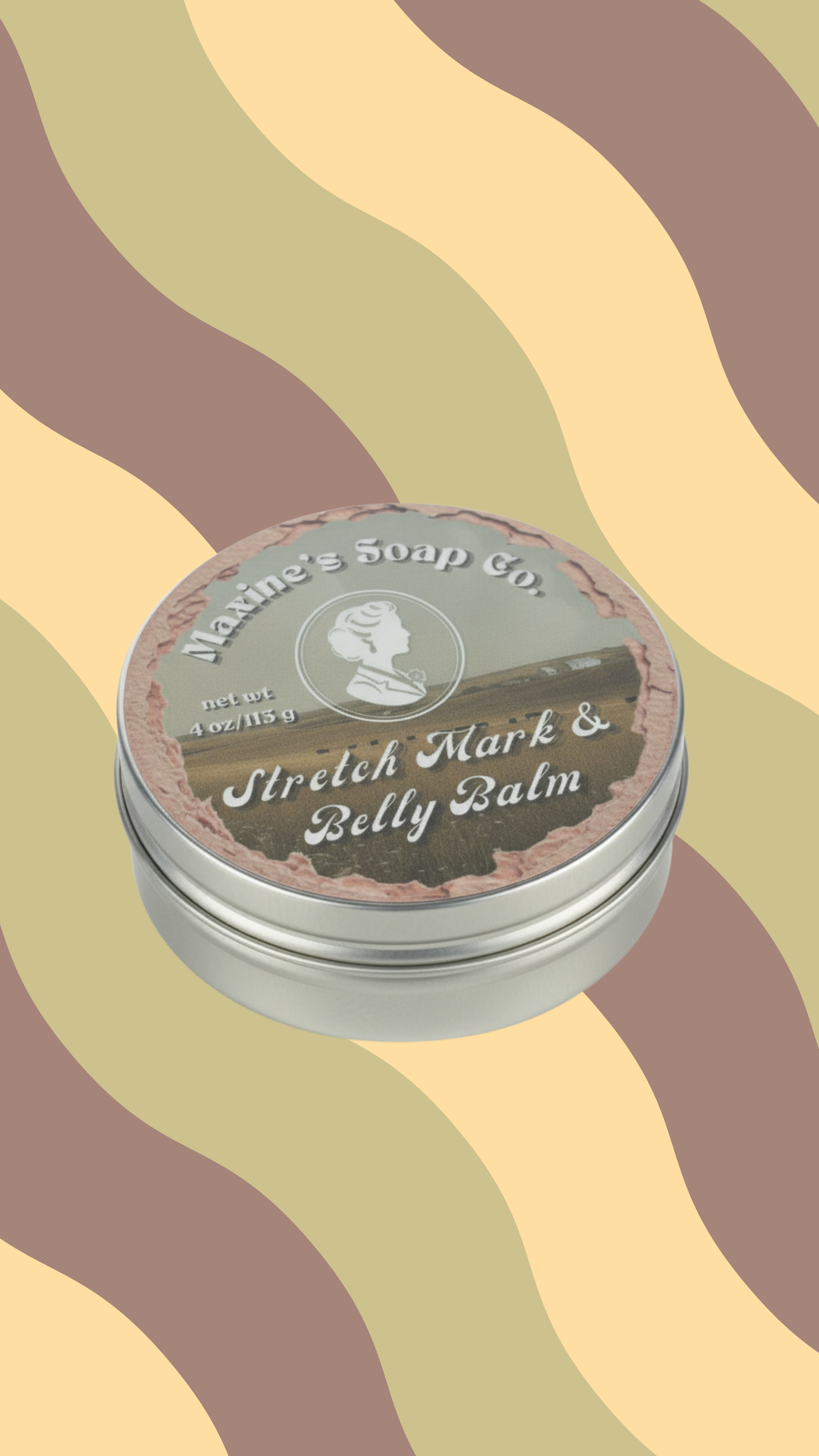 Stretch mark and belly balm open silver tin with front label. Pregnancy safe tallow skincare. Maxine's Soap Co.