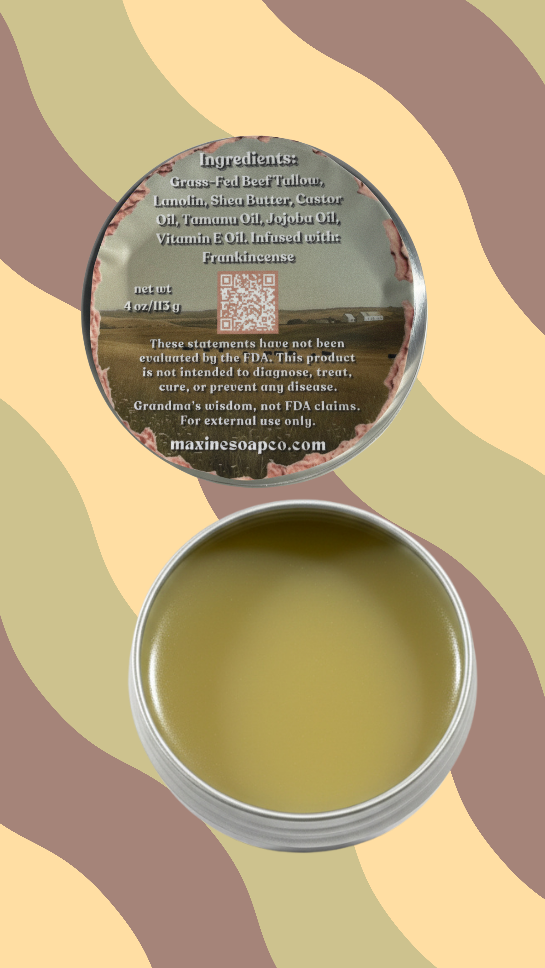 Stretch mark belly balm ingredients label with grass-fed tallow lanolin shea butter frankincense and open tin showing golden balm. Maxine's Soap Co.