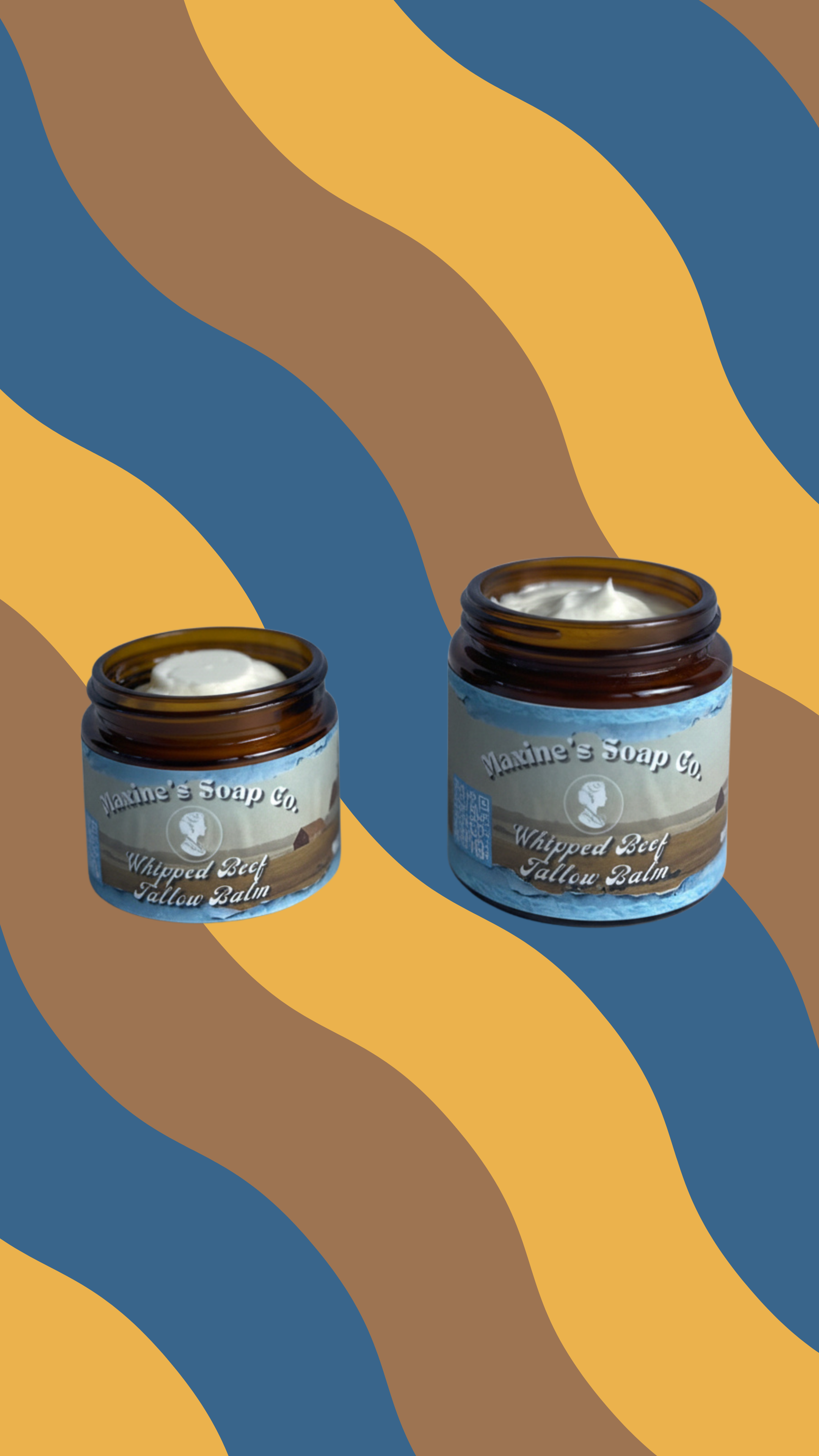 Whipped beef tallow balm in 2oz and 4oz amber jars with lids off showing creamy texture. Maxine's Soap Co.