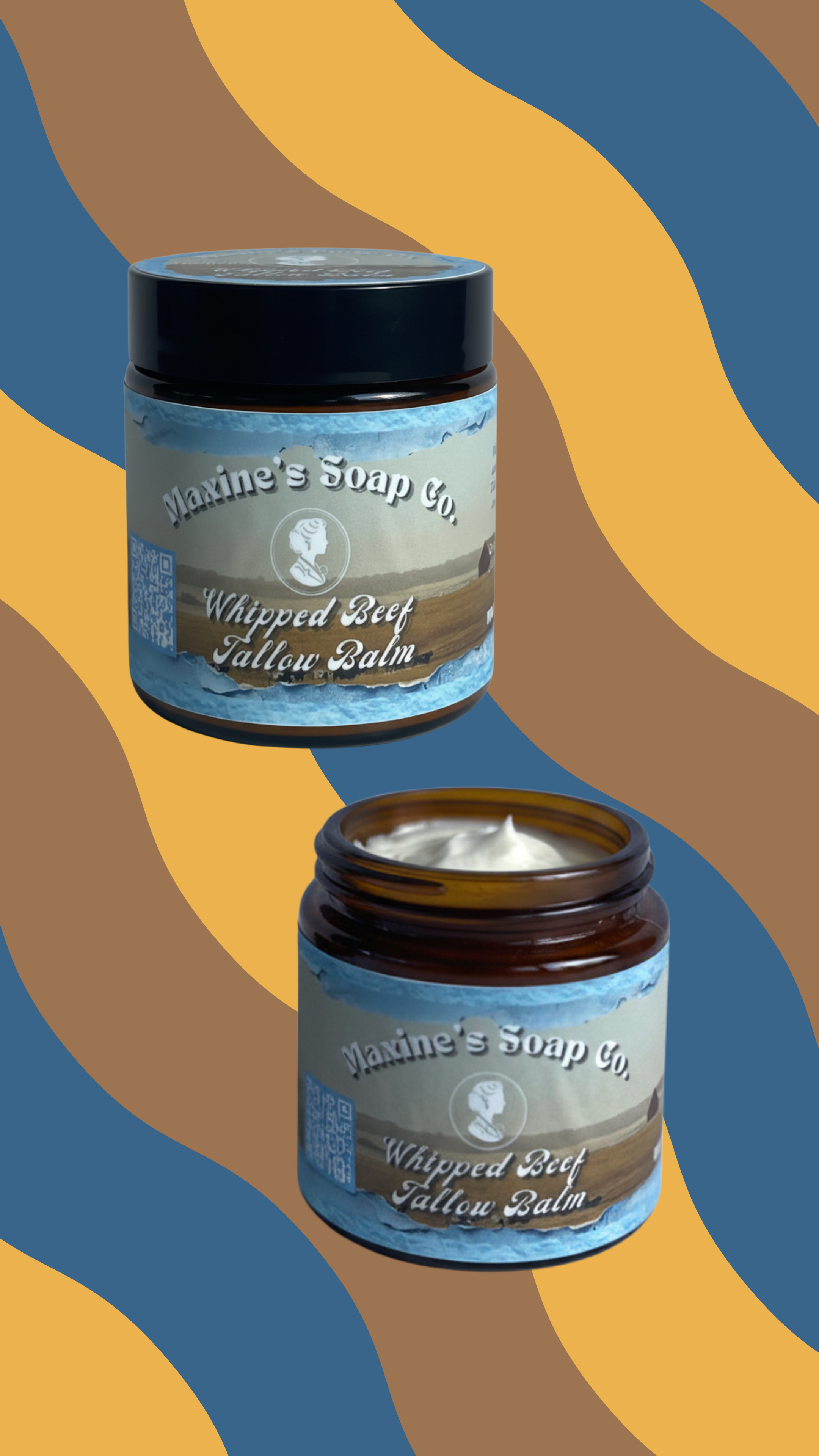 Whipped beef tallow balm amber jar closed and open views showing whipped cream texture. Handmade skincare. Maxine's Soap Co.