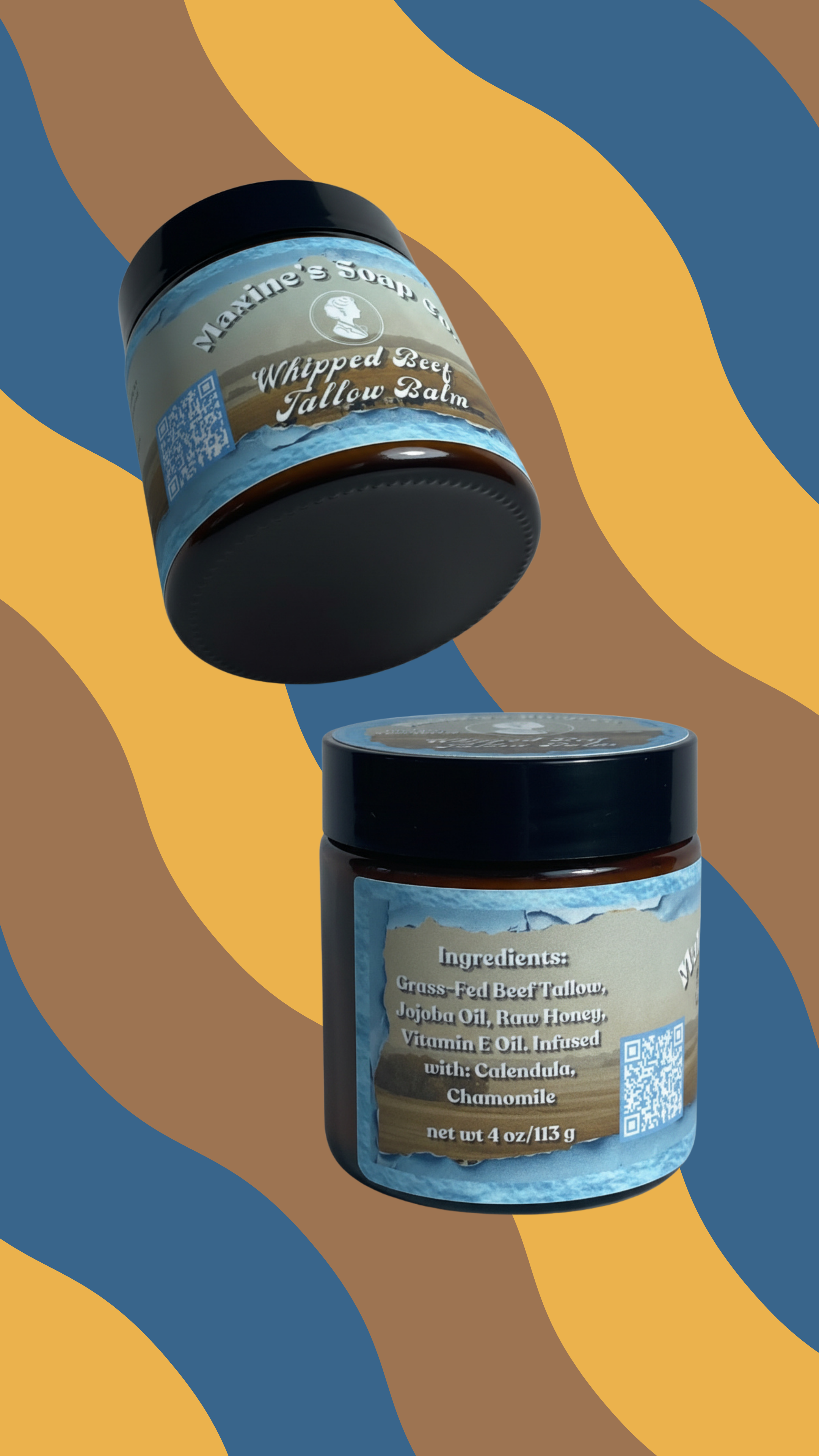 Whipped beef tallow balm front and back labels showing ingredients grass-fed tallow jojoba oil raw honey calendula chamomile. Maxine's Soap Co.