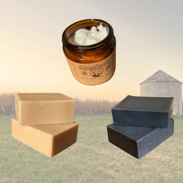 Handmade beef tallow soaps and balms from Maxine’s Soap Co with farm sunrise.