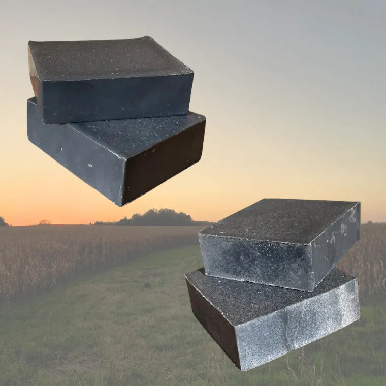 Charcoal bar soaps by Maxine’s, small-batch bars in front of farm sunrise.