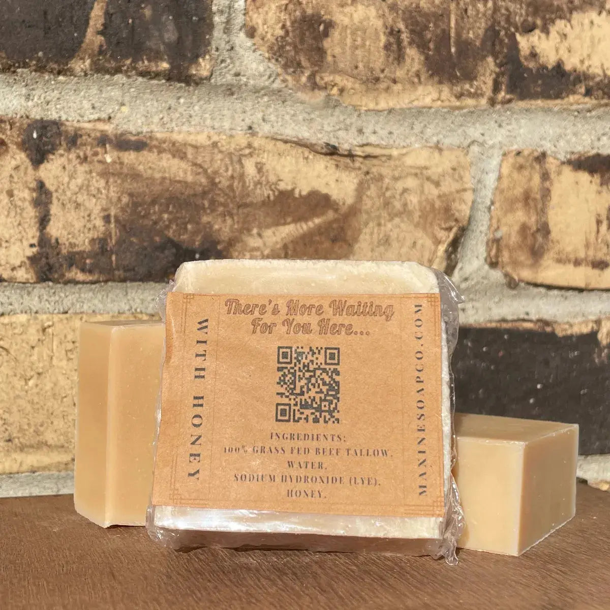 Back of wrapped Beef Tallow & Honey Bar Soap by Maxine’s, 3.5 oz (99 g), hand-wrapped with clear ingredients and net weight.