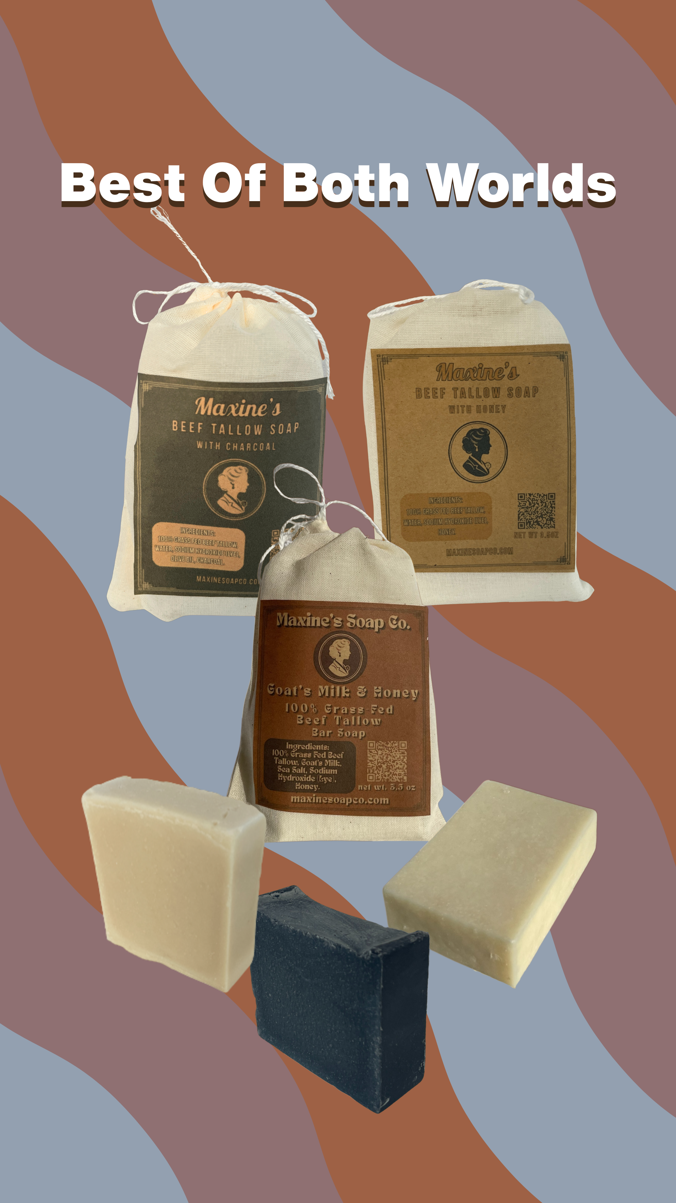Best of both worlds trio sampler bundle with charcoal beef tallow soap honey beef tallow soap and goats milk honey soap bars in muslin bags. Maxine's Soap Co.