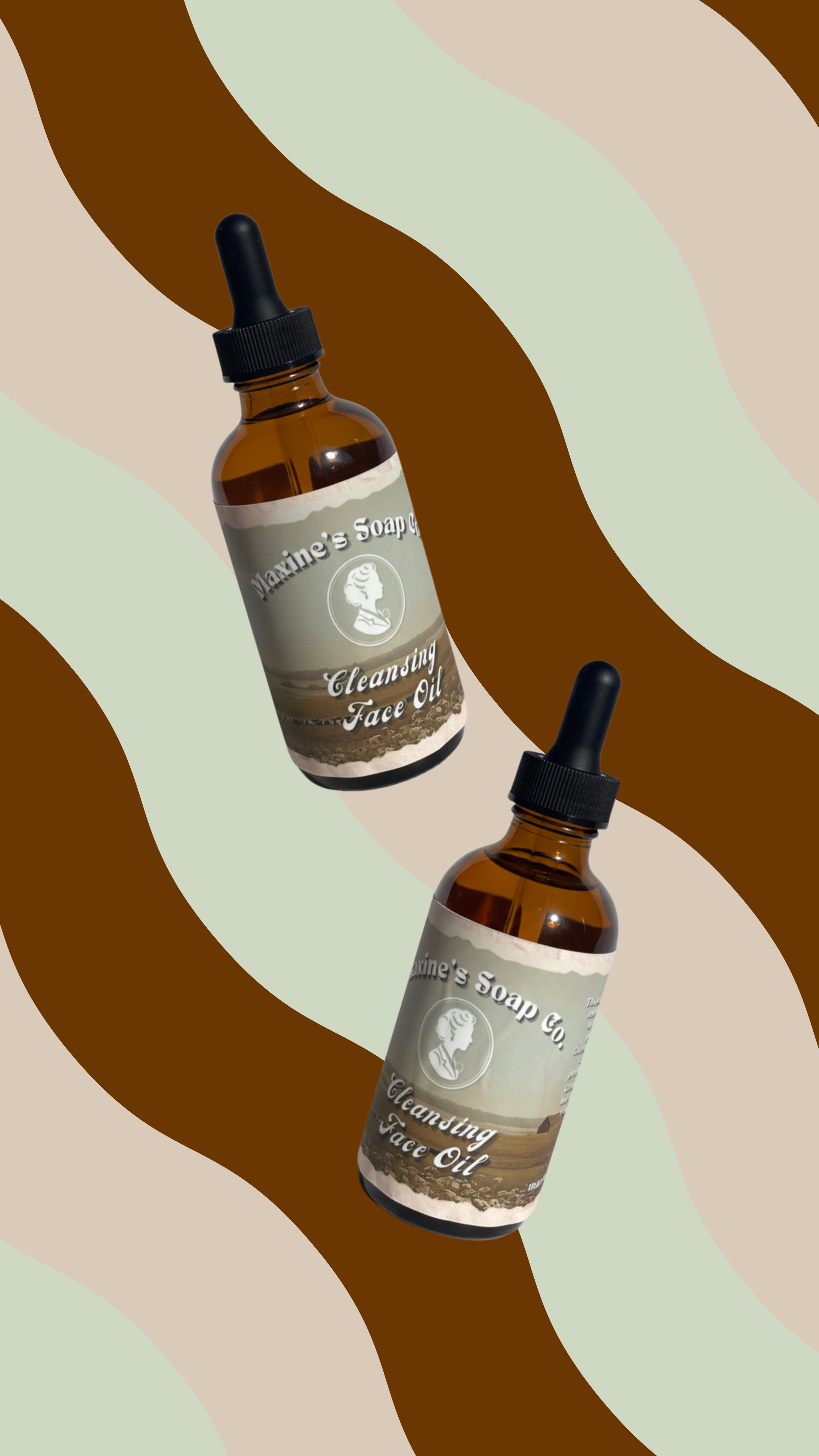 Cleansing face oil in amber glass dropper bottles. Natural oil cleansing skincare. Maxine's Soap Co.