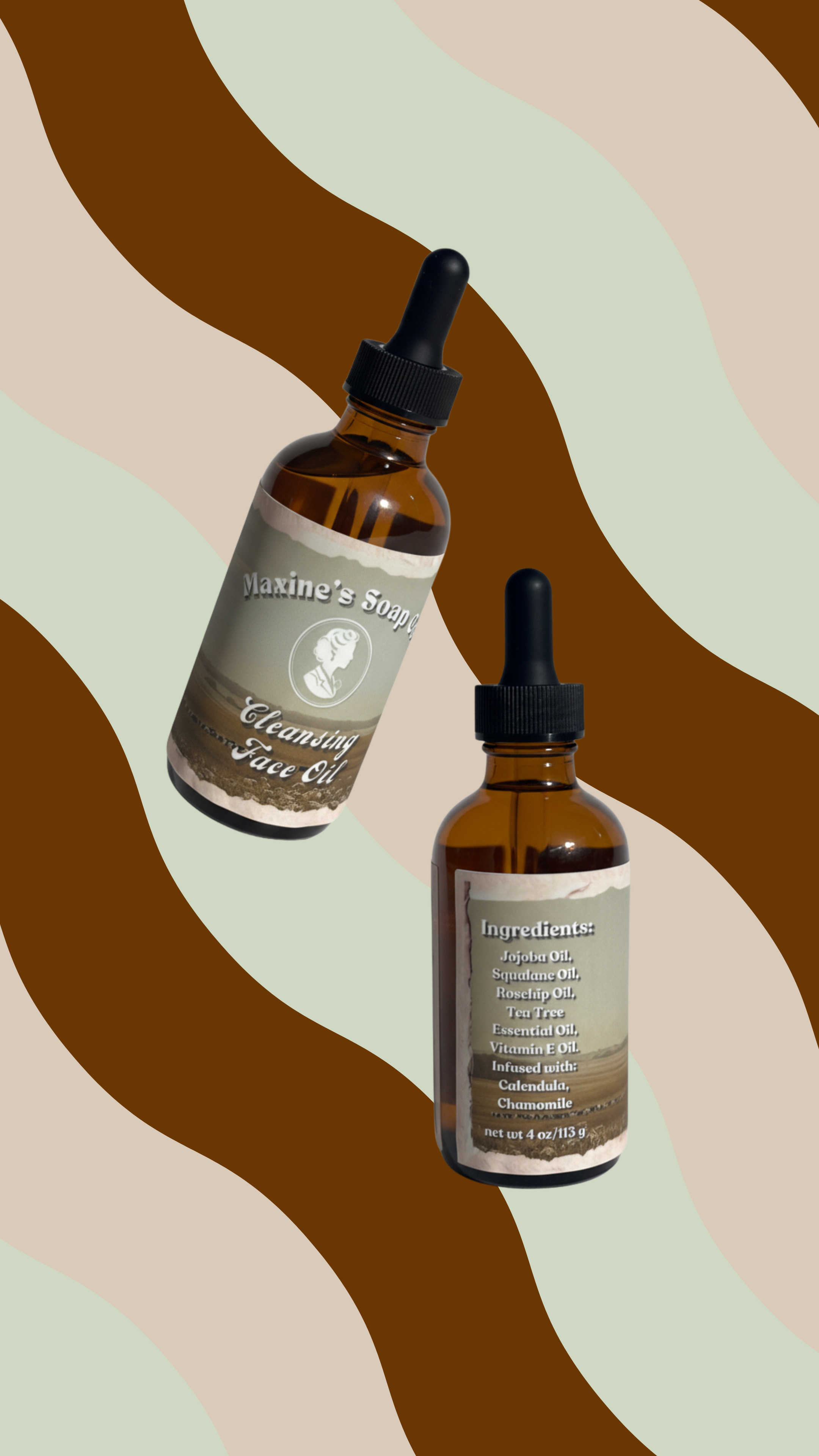 Cleansing face oil front and back labels showing ingredients jojoba squalane rosehip tea tree oil calendula chamomile. Maxine's Soap Co.
