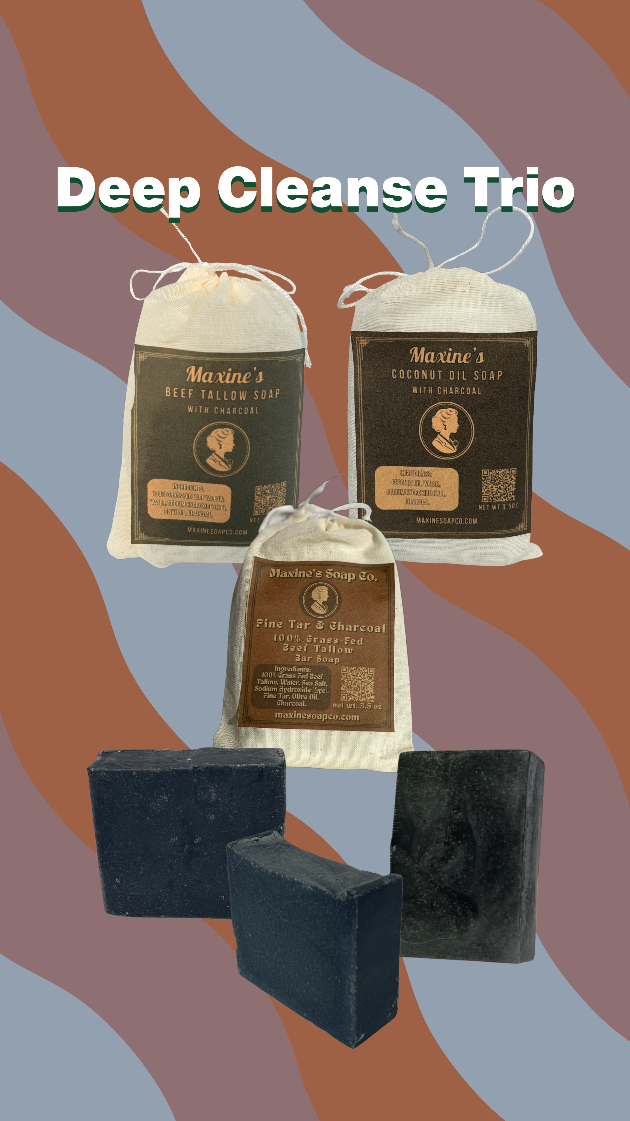 Deep cleanse trio sampler bundle with charcoal beef tallow soap charcoal coconut oil soap and pine tar charcoal soap bars in muslin bags. Maxine's Soap Co.