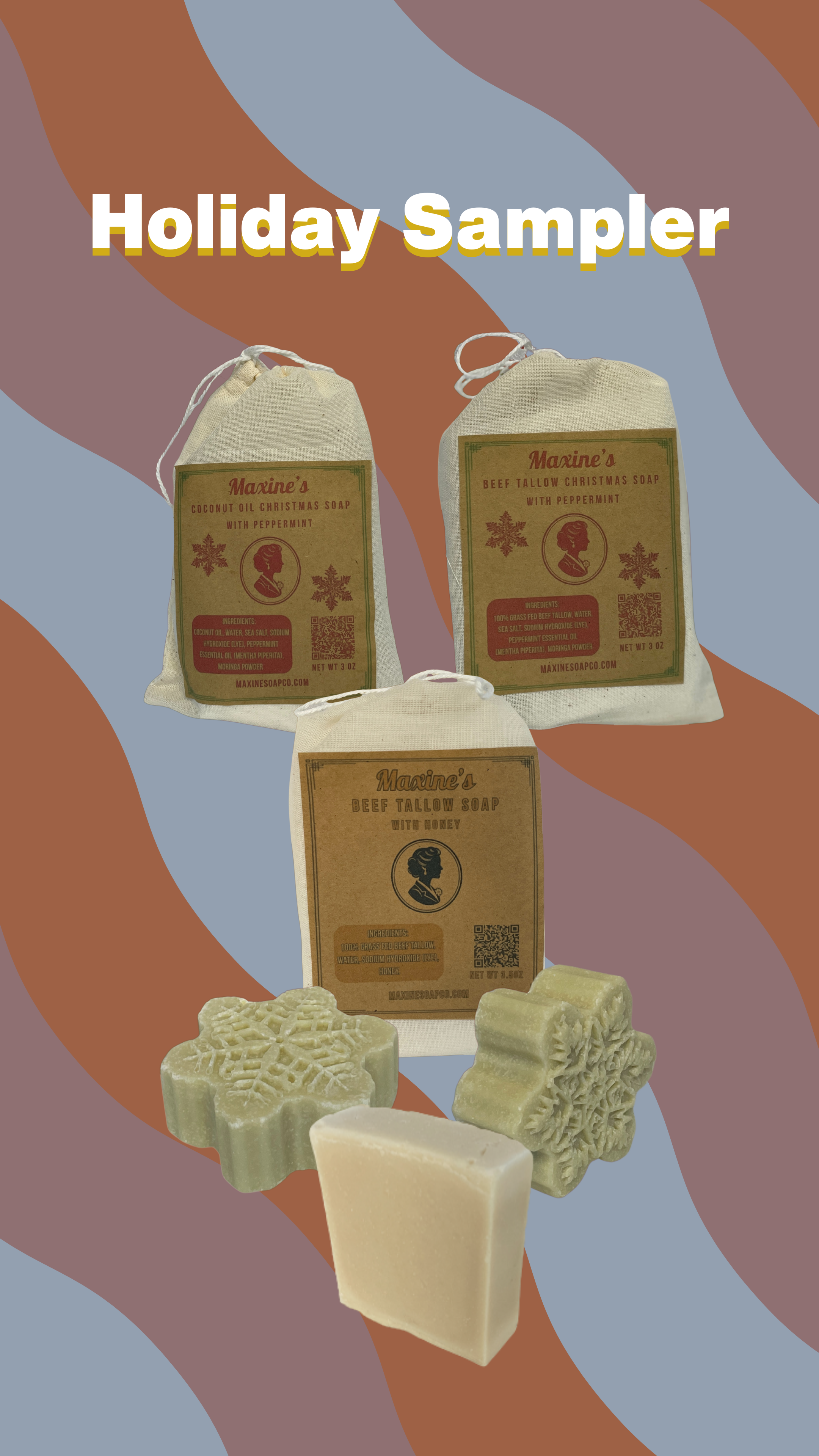 Holiday sampler trio bundle with coconut oil peppermint Christmas soap beef tallow peppermint Christmas soap and beef tallow honey soap snowflake bars in muslin bags. Maxine's Soap Co.
