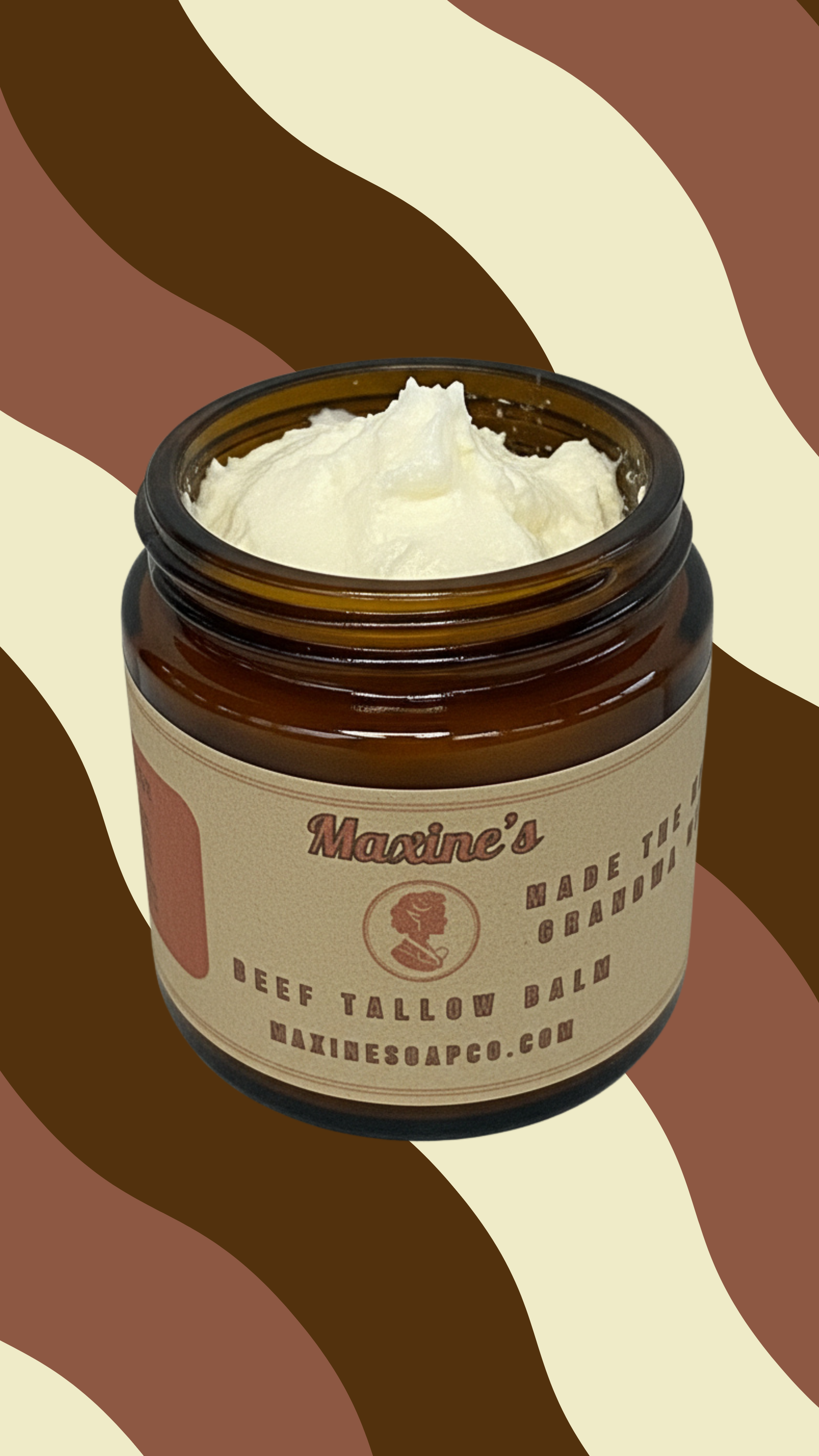 Maxine's Soap Co beef tallow balm open jar showing fluffy whipped cream texture natural skincare
