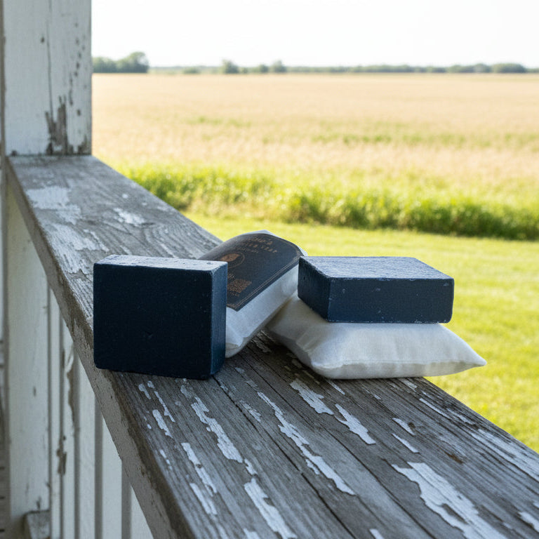 Maxine's Soap Co beef tallow charcoal bar soap in muslin drawstring pouch with kraft label handmade in Iowa