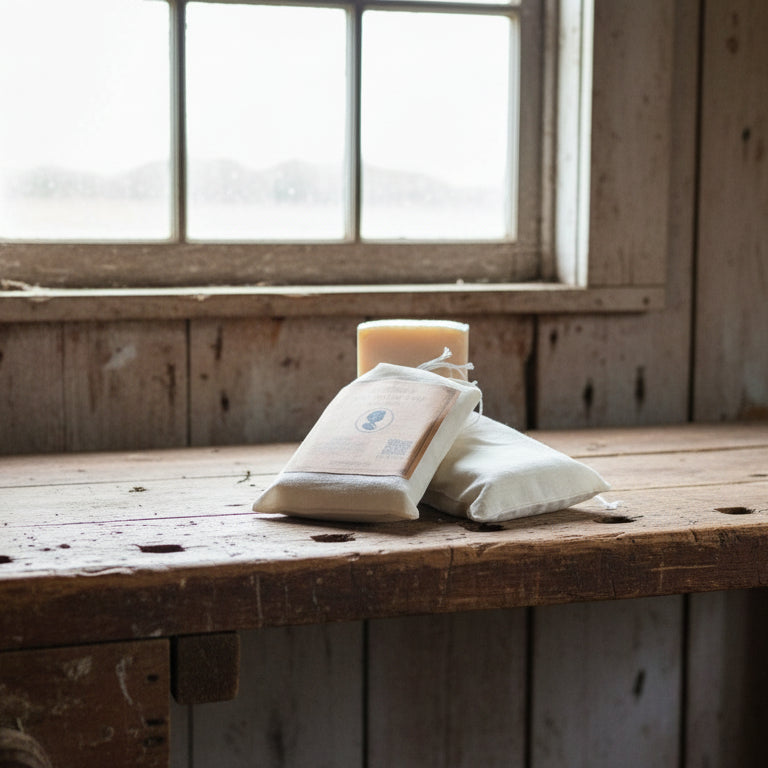 Maxine's Soap Co beef tallow and honey bar soap in muslin drawstring pouch with kraft label handmade in Iowa