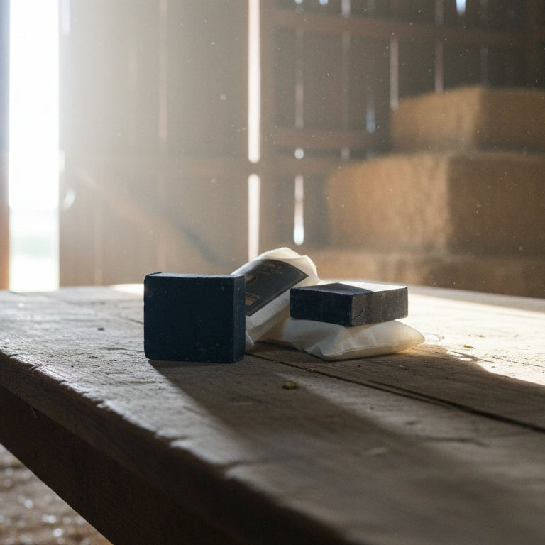 Maxine's Soap Co coconut oil charcoal bar soap in muslin drawstring pouch with kraft label handmade in Iowa