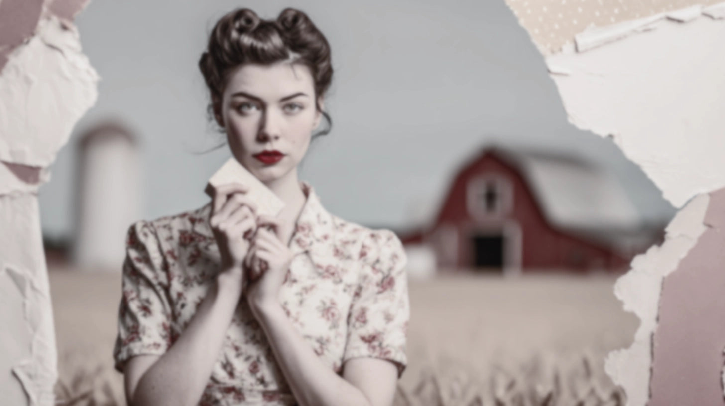 Maxine's Soap Co 1940s vintage pin-up woman holding handmade beef tallow soap bar in golden Iowa wheat field with red barn natural skincare