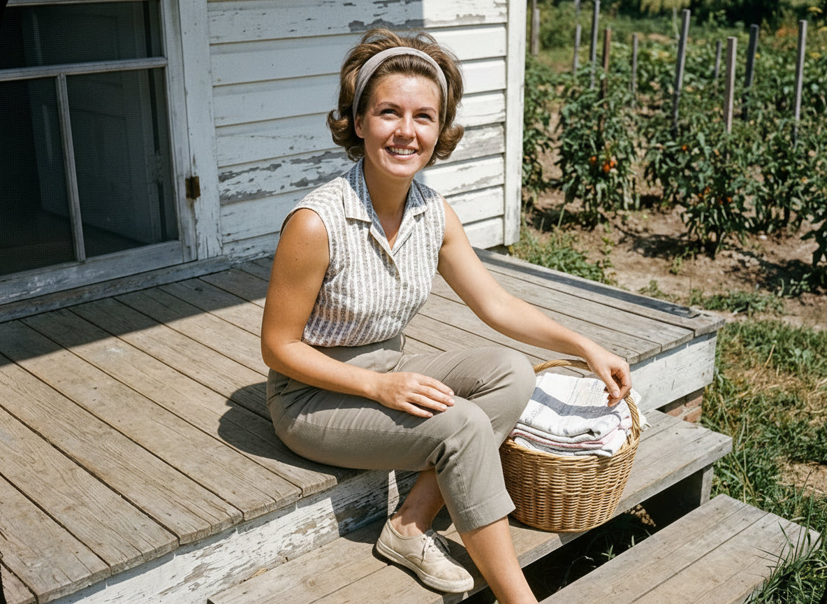Woman sitting on farmhouse porch with wicker basket of handmade soap - small-batch skincare from Iowa - Maxine's Soap Co.