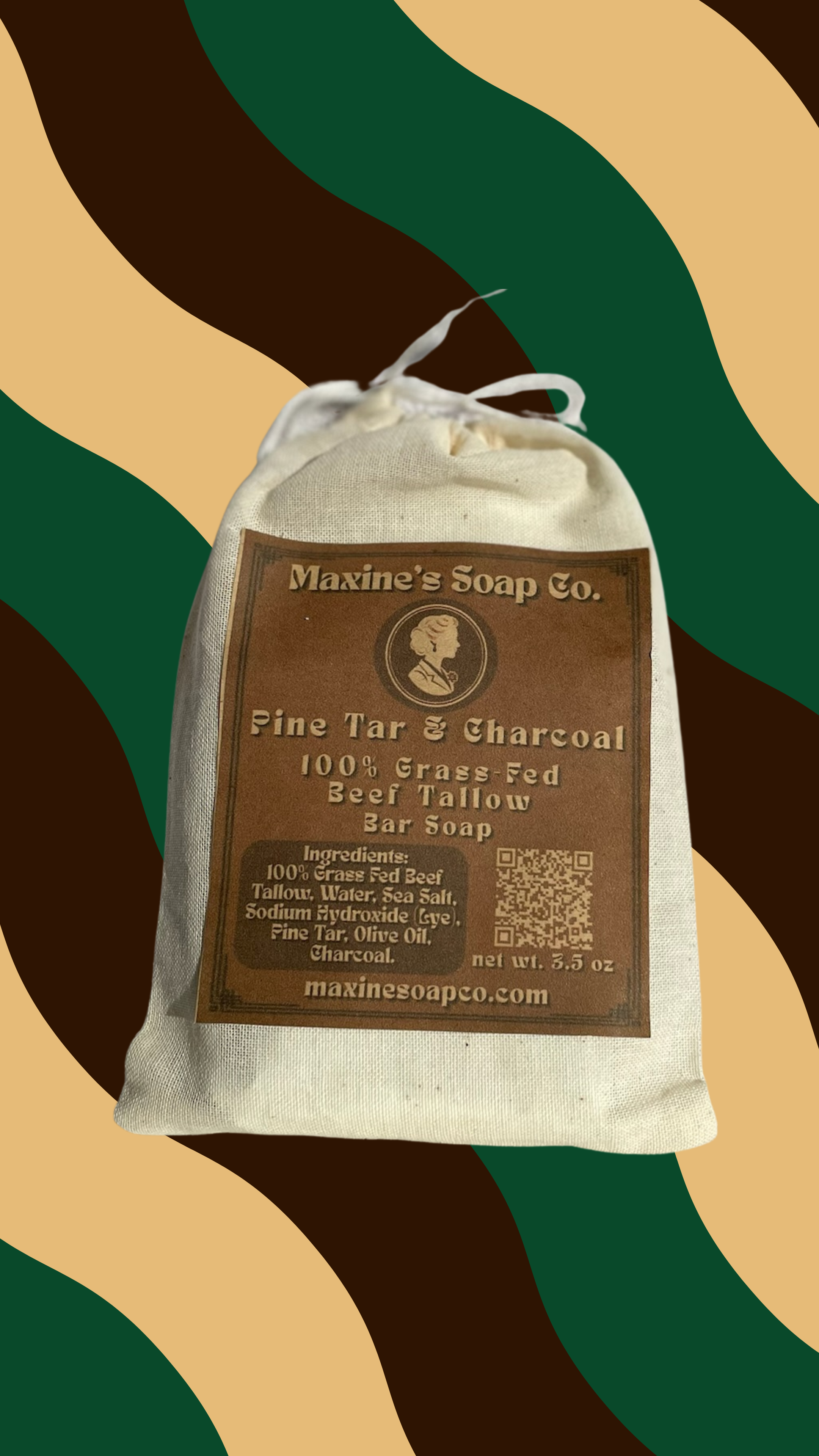 Pine tar and charcoal 100% grass-fed beef tallow bar soap 3.5oz in muslin bag showing ingredients tallow sea salt olive oil charcoal. Maxine's Soap Co.
