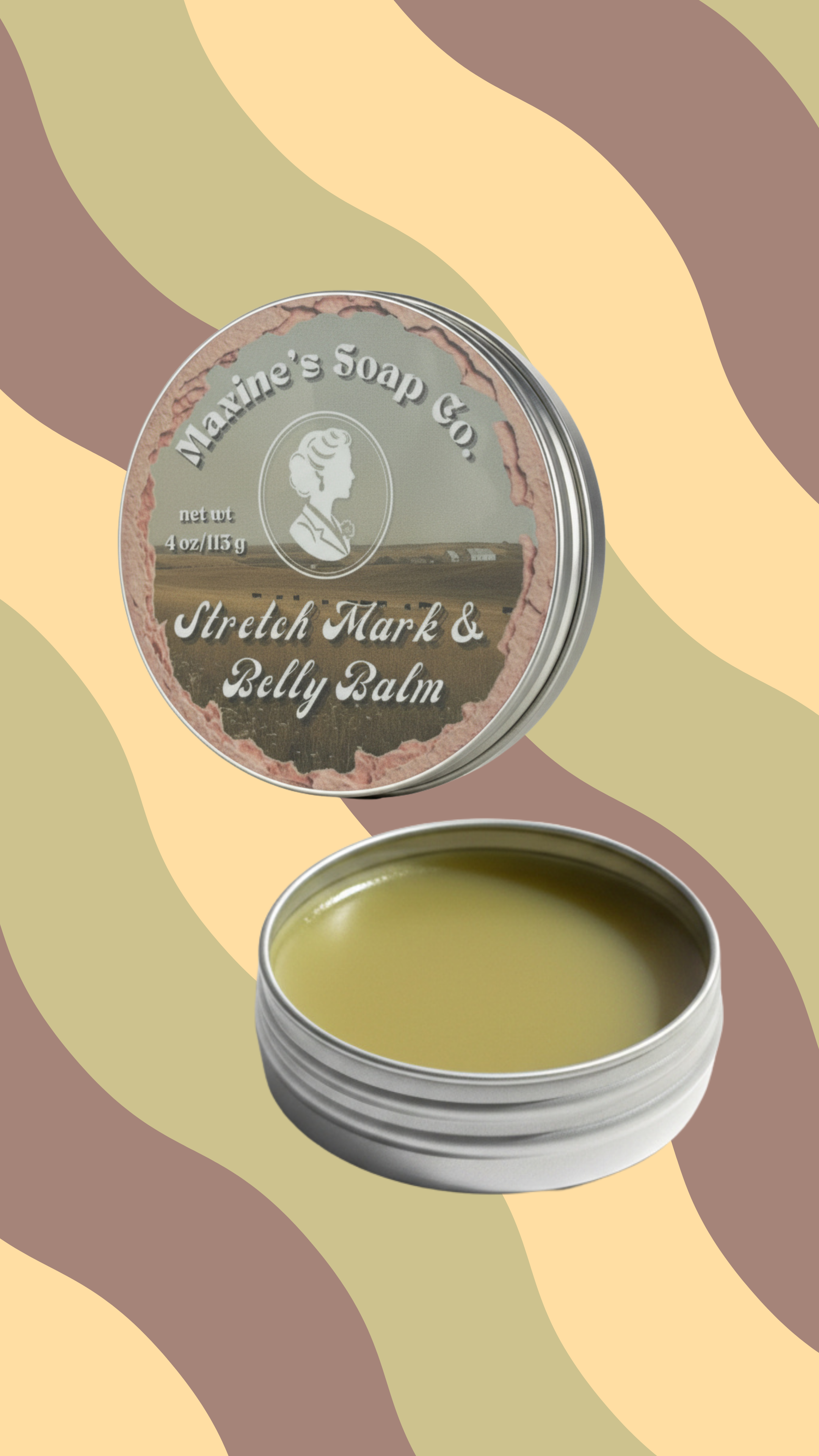 Stretch mark and belly balm open silver tin with front label. Pregnancy safe tallow skincare. Maxine's Soap Co.
